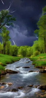 Flowing stream with stormy skies and lush green trees.