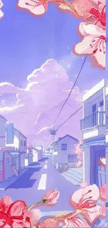 Serene anime street with pastel colors and cherry blossoms.