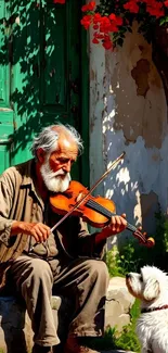 Elderly man playing violin with a dog beside a green door.