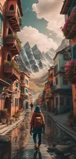 Traveler in a serene street with mountain view, vibrant buildings, and clear sky.