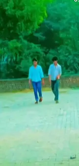 Two people walking in lush green forest area.