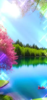 Serene lake scene with vibrant pink and white blossoming trees under a clear blue sky.