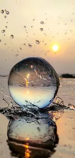 A water droplet reflecting the serene sunset over calm waters.