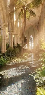 A sunlit garden with elegant arches and lush greenery.