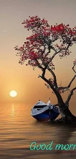 Serene sunrise with a boat and tree on calm water.