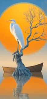 Egret perched on tree against an orange sunrise over water.