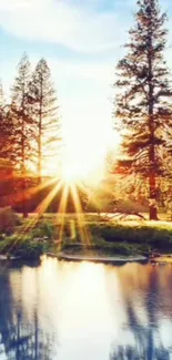 Peaceful sunrise over a forest reflected in a calm lake.