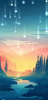 Serene forest sunrise wallpaper with vibrant colors and tranquil scenery.