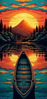 Illustrated sunrise over a lake with vibrant colors and a mountain backdrop.