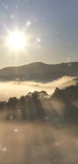 Serene sunrise over misty hills with golden rays illuminating the landscape.