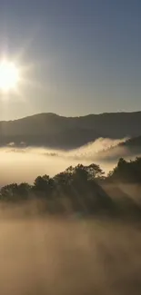 Sun rising over misty mountains in serene scenery.