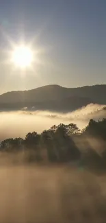 Sunrise over misty mountains with soft sunlight.