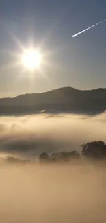 Serene sunrise over misty hills with meteor shower in calm landscape.