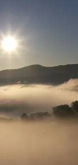 Sunrise over misty hills in tranquil morning scenery.