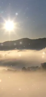 Serene sunrise over misty hills with sparkling light.