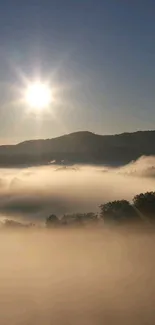 Sunrise over misty hills with soft golden light.