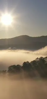 Sunrise over misty hills with golden rays illuminating foggy morning landscape.