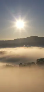 Sunrise over misty mountains with a calming, serene atmosphere.