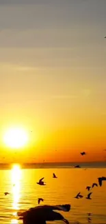 Breathtaking sunrise over ocean with birds flying.