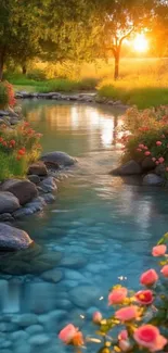 Peaceful sunrise over a garden river with vibrant flowers and greenery.