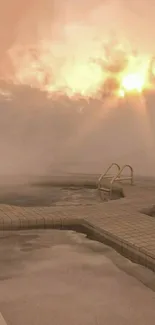 Misty sunrise over serene pool background.