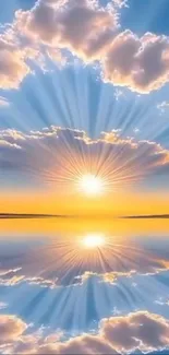 Beautiful sunrise reflected in calm water with clouds.