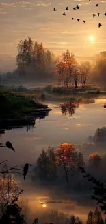 A misty dawn landscape with birds over a reflective lake.