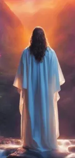 Spiritual figure in white robes standing at a serene sunrise with vivid colors.