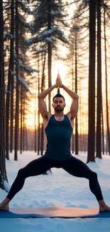 Person practicing yoga in snowy forest at sunrise.