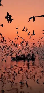 Serene sunset with birds flying over calm waters.