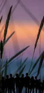 Sunset with silhouettes among grasses in serene dusk glow.