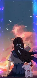 Anime girl watching sunset with calming sky.