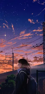 Anime girl under a stunning sunset sky with stars.