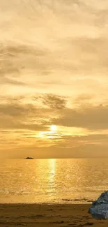 Silhouette on beach at sunset with golden sky.