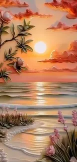Sunset beach scene with vibrant sky and ocean.