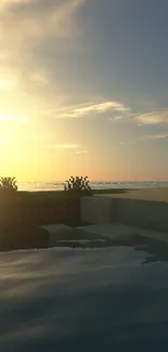 Sunset over calm ocean with beach and umbrella in serene scene.