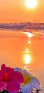 Serene beach at sunset with vibrant flowers.