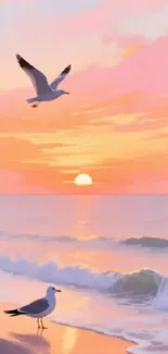 Two seagulls at a beach during a tranquil peach-colored sunset.