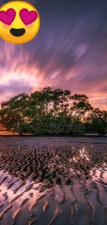 Serene beach at sunset with purple sky.