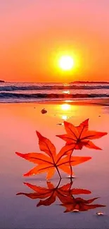 A vibrant sunset over a tranquil beach with leaves reflecting on the water.