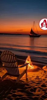 Beach sunset with campfire and sailboat, perfect for a serene mobile wallpaper.