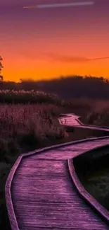 Scenic sunset boardwalk path surrounded by nature with vibrant evening sky.