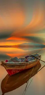 Serene sunset over calm waters with a floating boat.