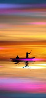 Silhouetted boat on a serene sunset lake.