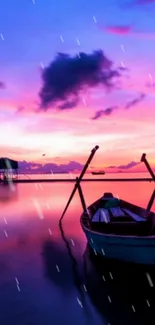 Wallpaper of a boat on a calm sea at sunset with pink and purple hues.