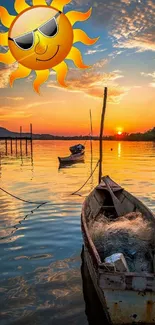 Sunset over water with a boat and whimsical sun illustration.