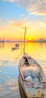 Serene sunset view with a boat on calm waters.