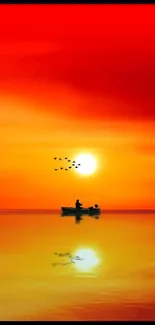 Boat at sunset with birds flying over calm water, vibrant orange hues.