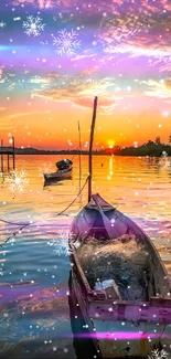 Serene boat at sunset with snowflakes falling on a reflective lake.