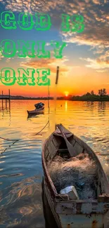 Boat on calm water at sunset with serene sky and inspiring quote.